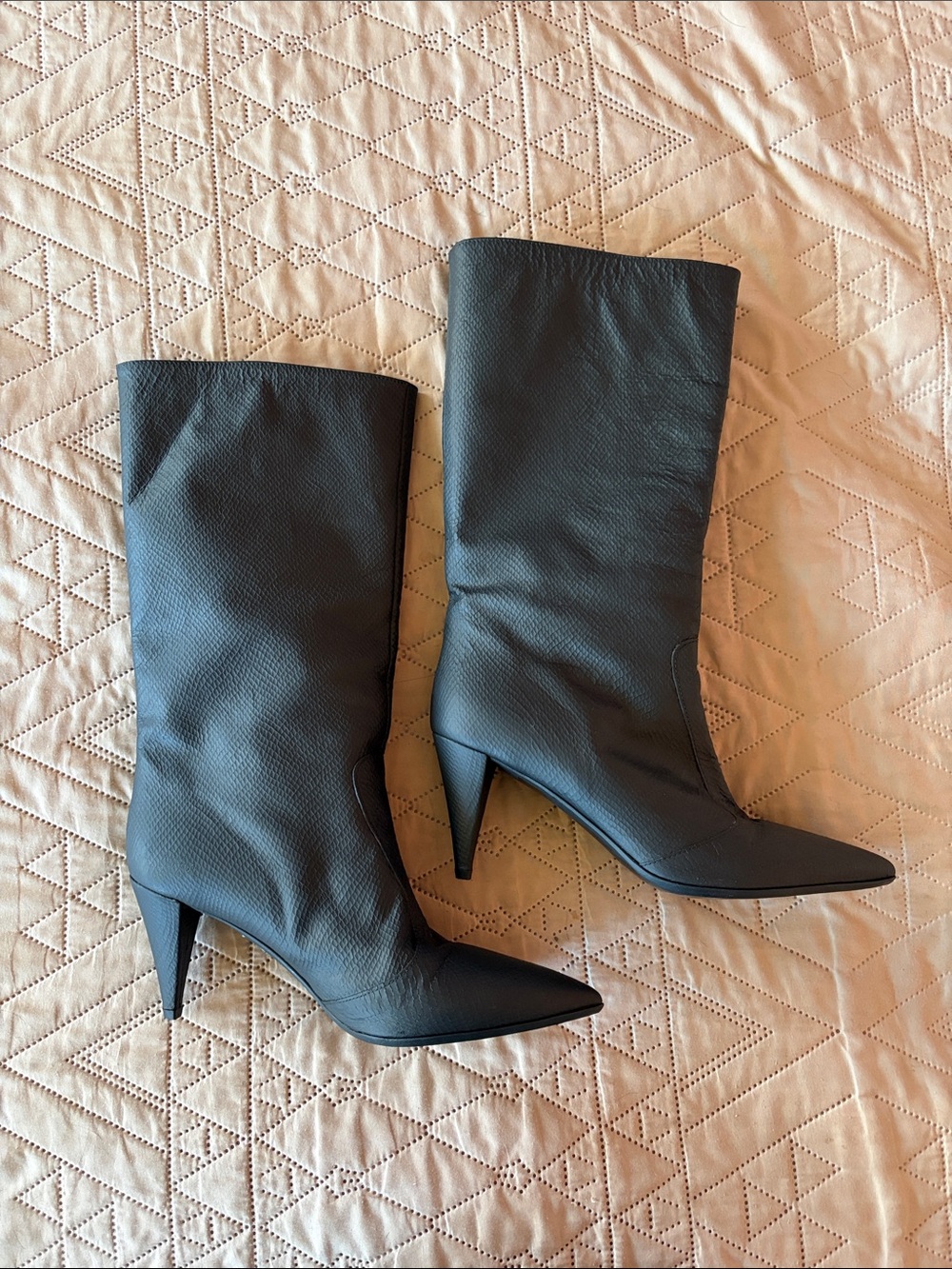 Vince Camuto Black Pointed-Toe Mid-Calf Heeled Boots